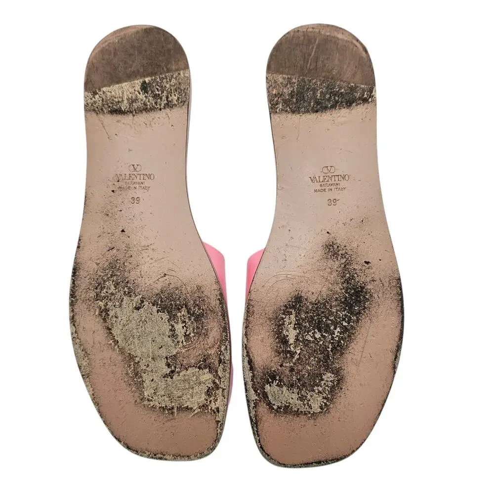 Valentino Garavani VLogo Flat Slide Sandal Pink Leather Logo Cut Out Size 39 9